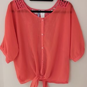 Moonlight Size Medium Coral Sheer Tie Waist Blouse